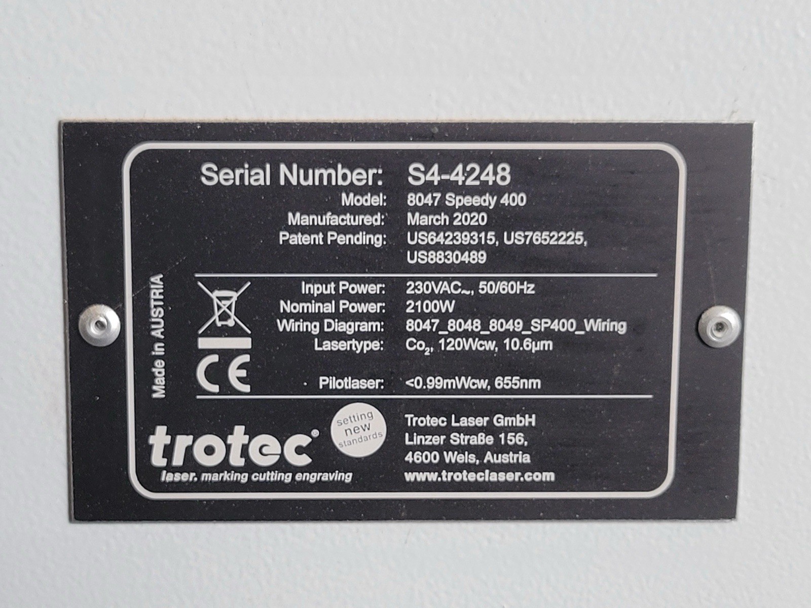 Trotec Speedy 400 CO2 CNC Laser Cutter 230 VAC 2100 W MPN 8047