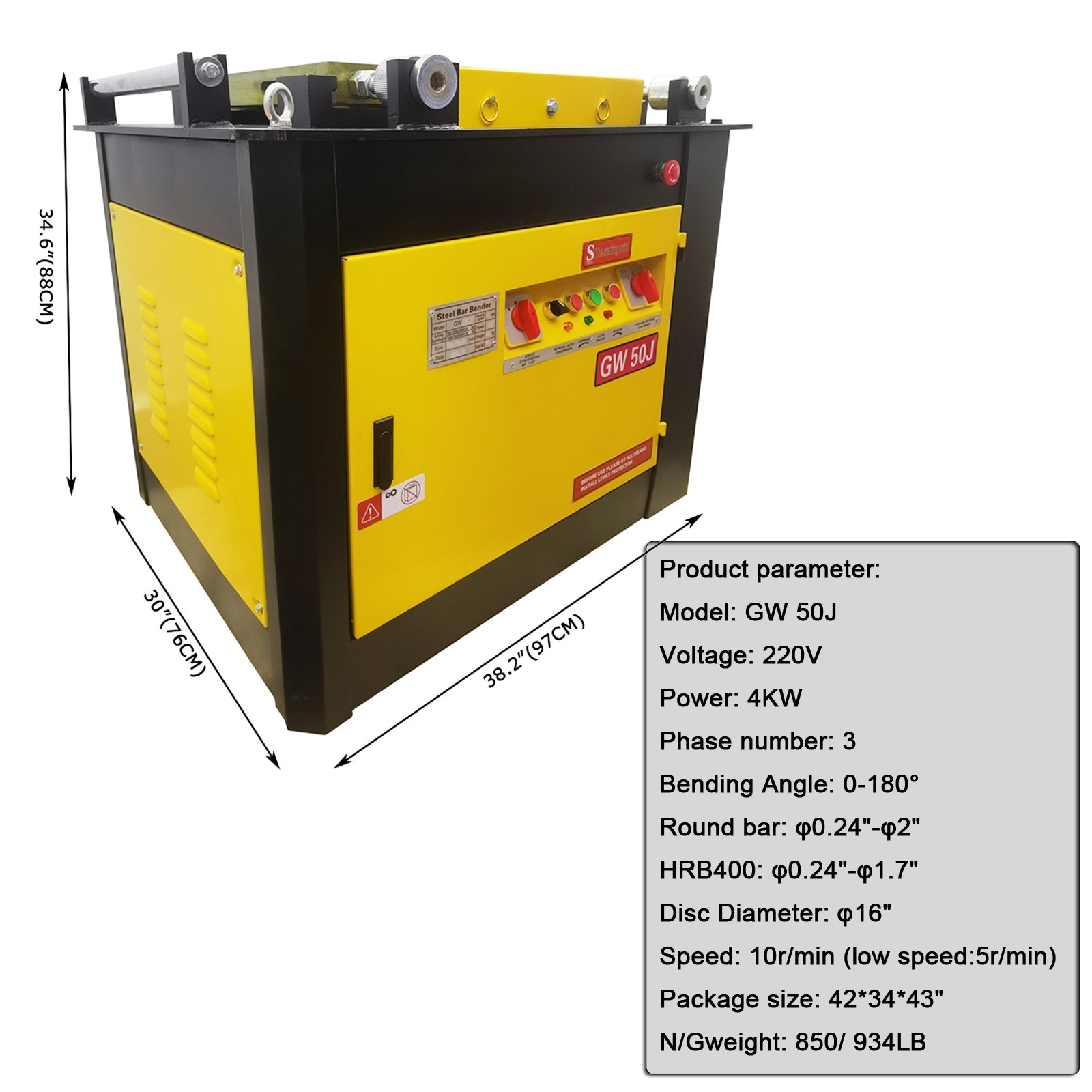 220V 3-Phase 4KW GW50J Rebar Bender 1/4 -2 Capacity 0-180° Angle