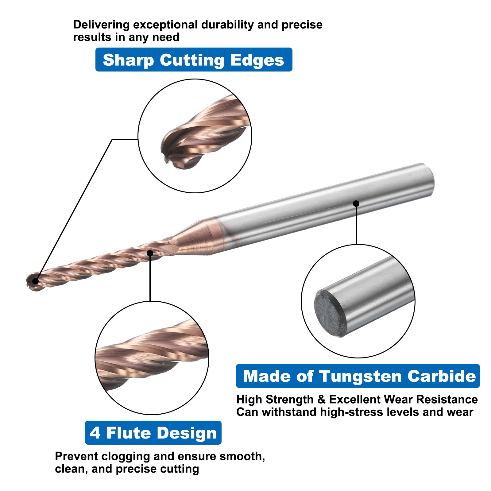 4 Flute Ball Nose End Mill 1″ Cutting Length Uncoated for Carving Grinding