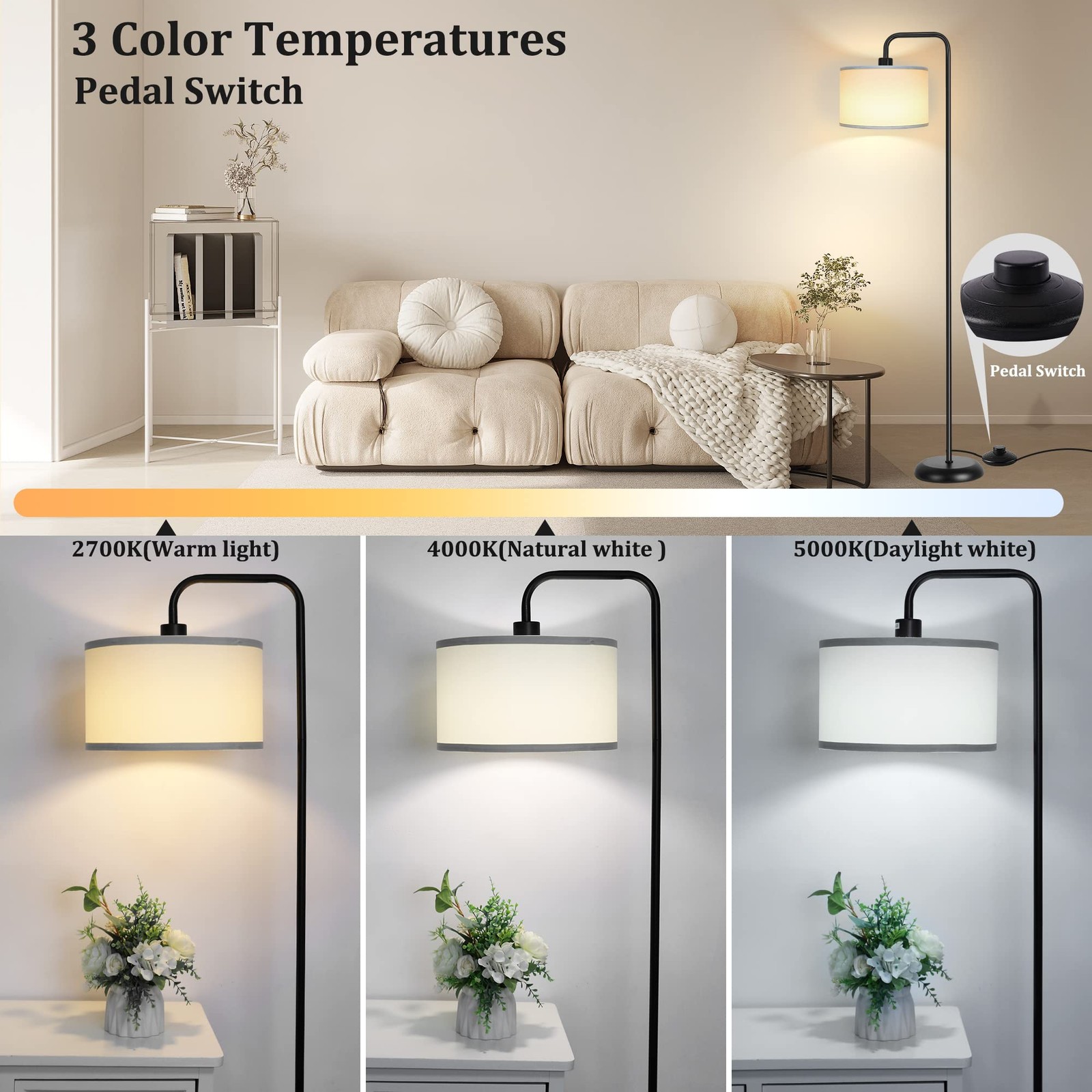 [Upgraded] LED Floor Lamp for Living Room, 3 Color Temperature Floor Lamp with F