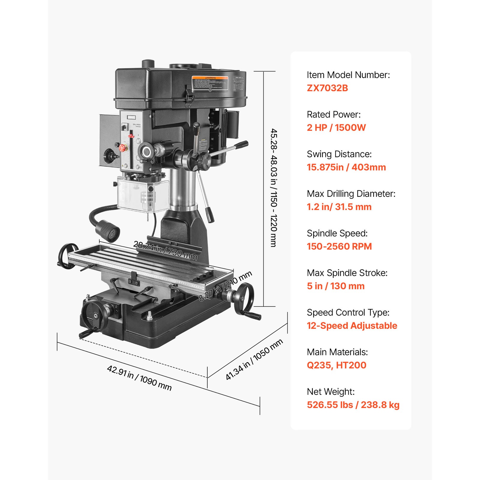 Uimoso 15.875 in Benchtop Mill Drill Machine, 2HP, 150-2560 RPM Milling Press