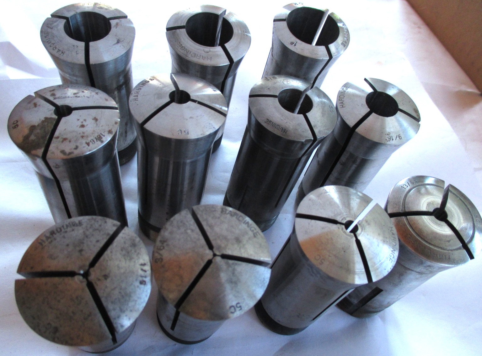 Lot /Set of 11 Hardinge 5C Collets. Range Is 1/16 to 1″. 7 Have Internal Thread
