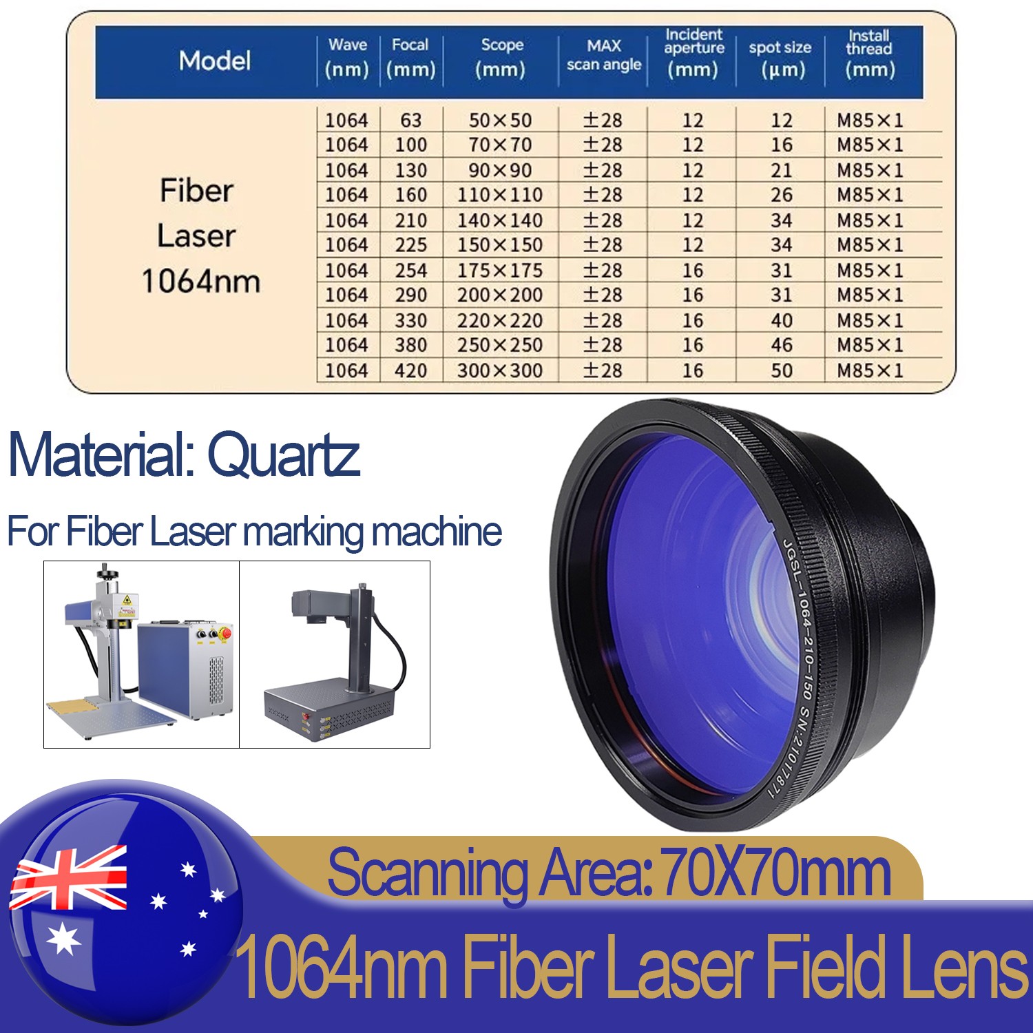 70mm Quartz Field Lens M85 F-theta Scan For 60W-300W Fiber Laser Marking Machine