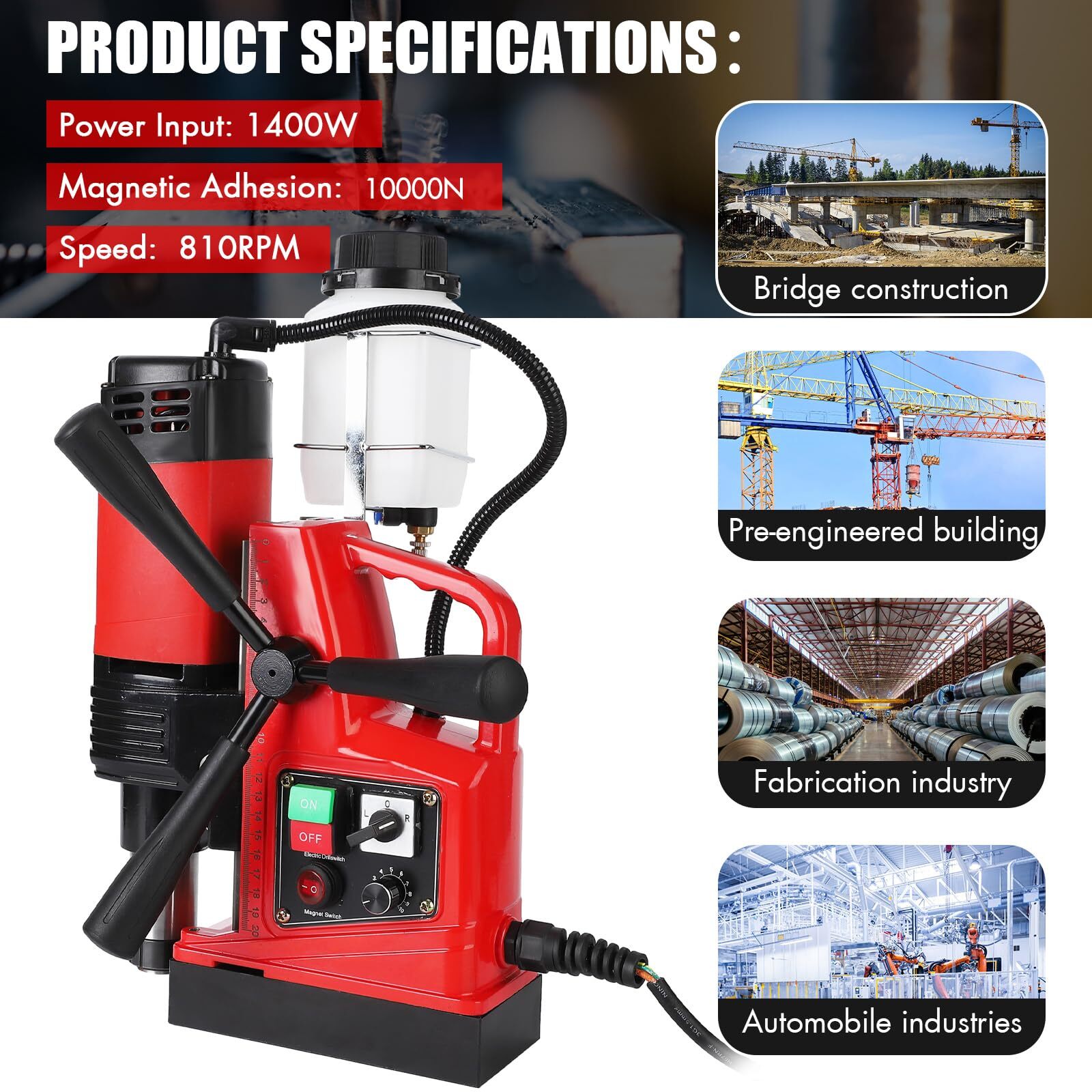 Magnetic Drill Press 1400W 810 RPM 2 Inch Boring Diameter 11Pcs Drill Bits