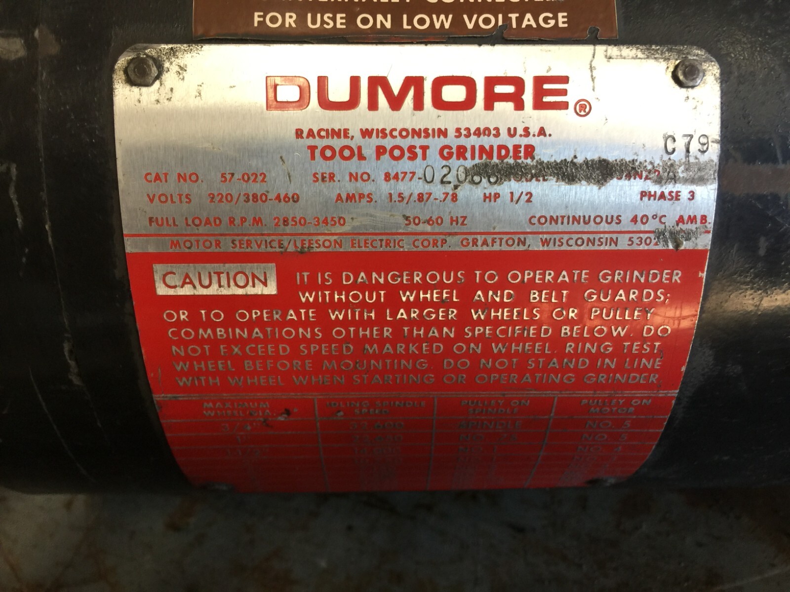 DUMORE 77 – 022 TOOL POST GRINDER 1/2 HP 3 PHASE