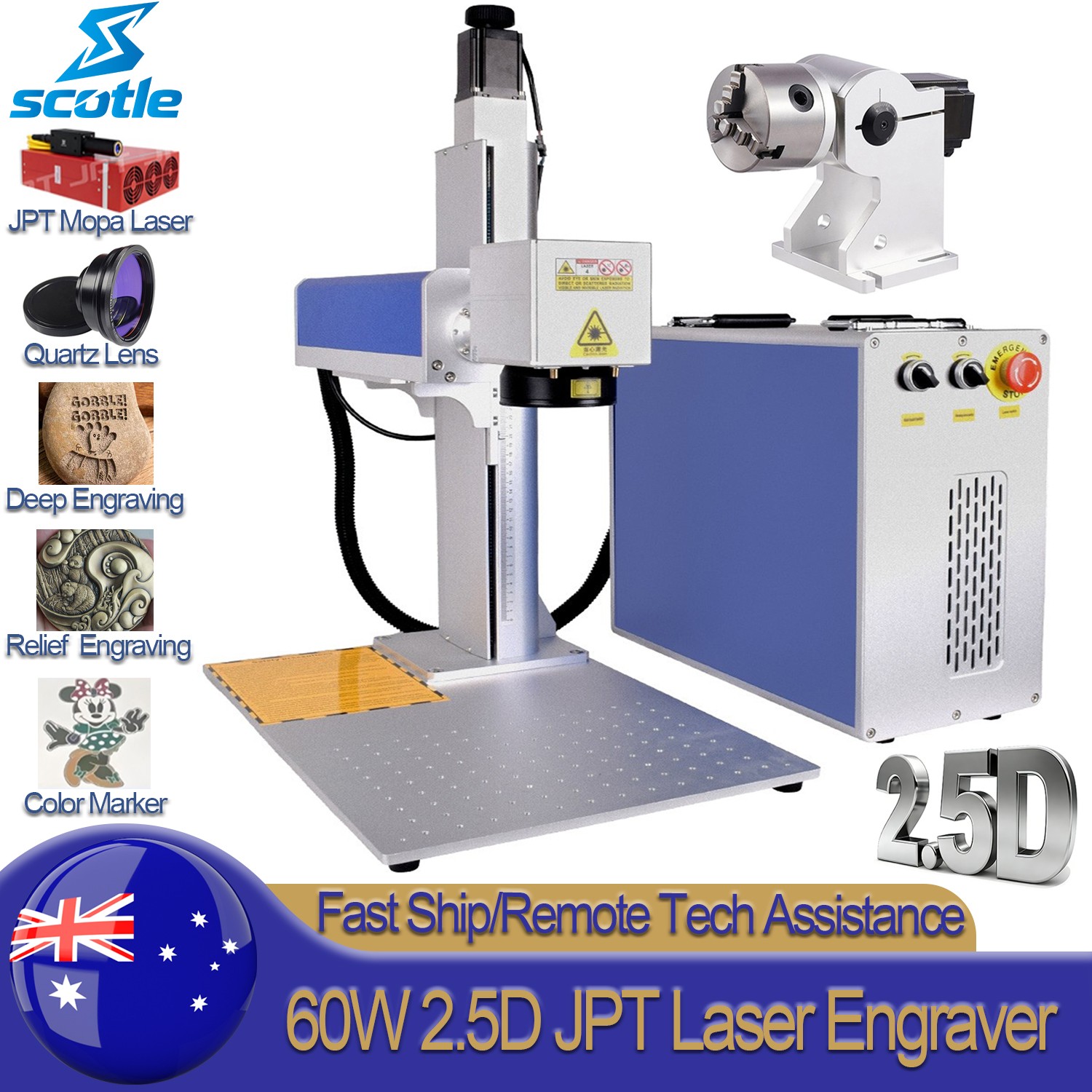 Scotle 2.5D 60W JPT Mopa Fiber Laser Marking Machine Metal Deep Relief Engraving
