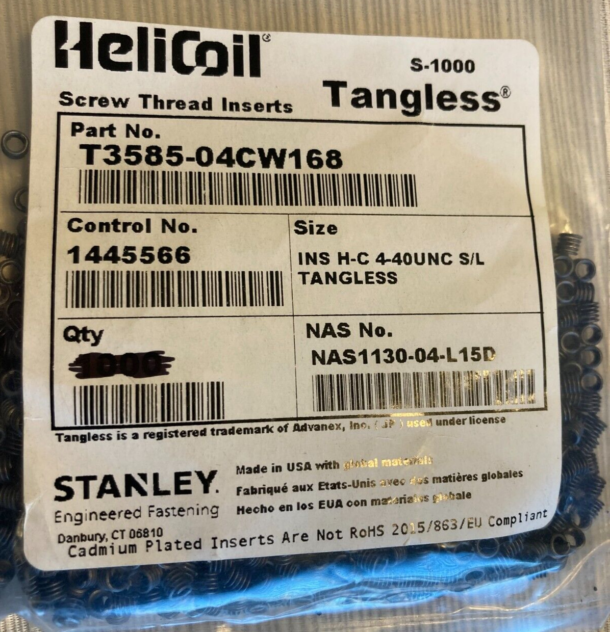 50 pcs 4-40 x .168 HELICOIL T3585-04CW168 NAS1130-04-L15D heilcals