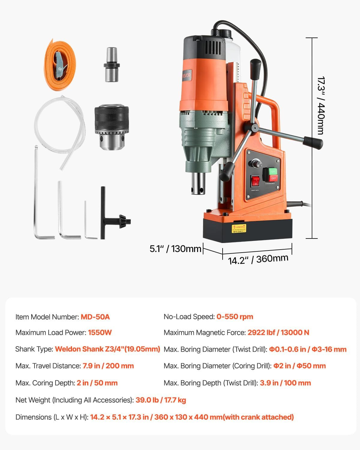 Drill Press 1550W Mag 2 Core Drilling Machine, 2922 Lbf 0-550 RPM Variable Spe
