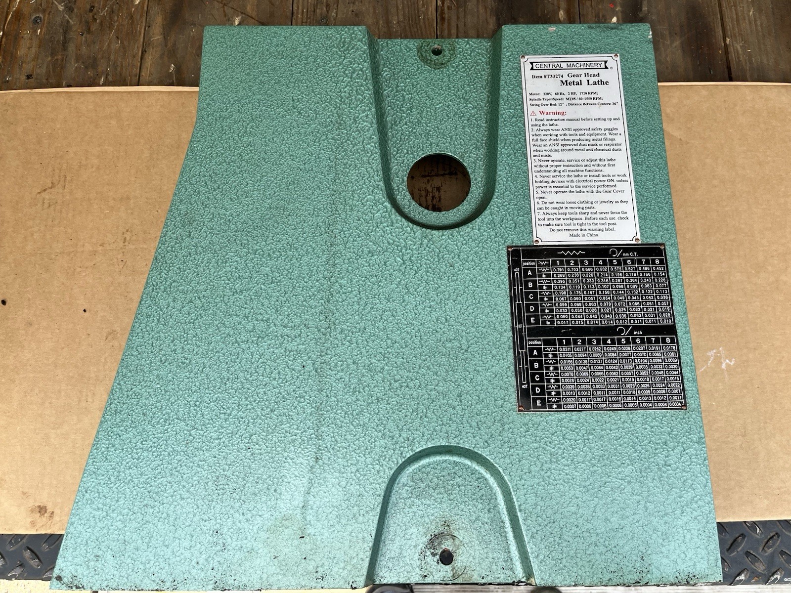 Central Machinery 12×36 Lathe Gear Head Side Cover T33274 Thread Chart
