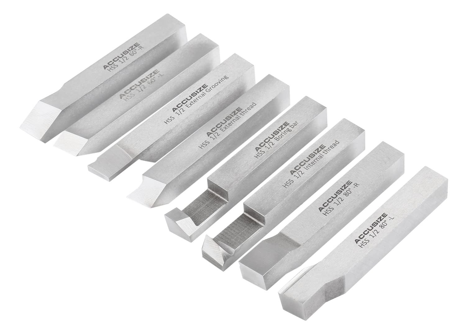 Accusize Industrial Tools 1/2” 8 Pcs Hss Tool Bit Set, Pre-Ground for Turning a
