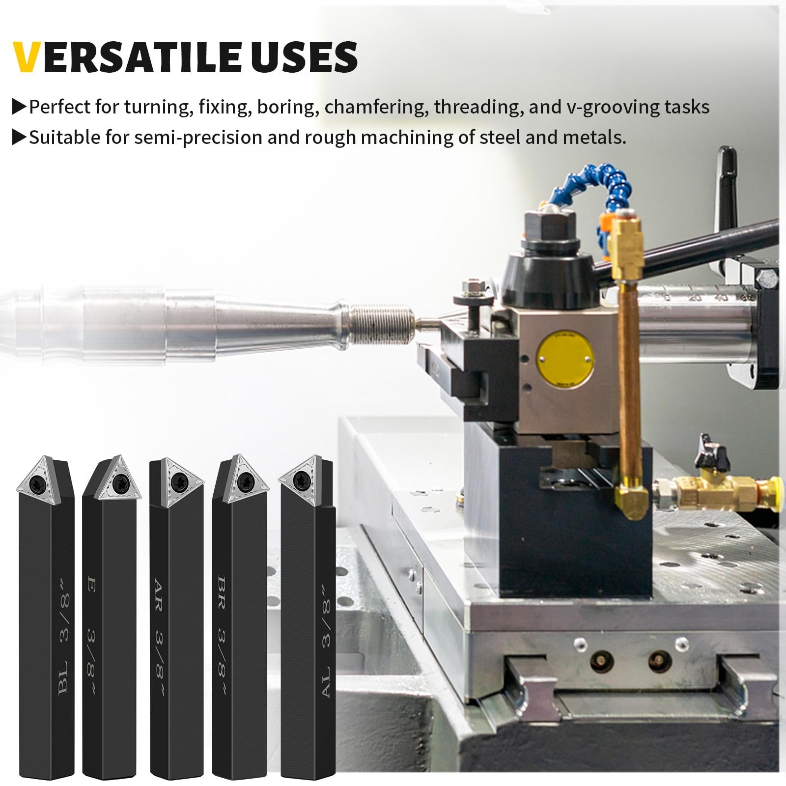 Metal Lathe Cutting Tools,5 Sets of 3/8 Carbide Metal Cutting Tool Bits Kit,Inde