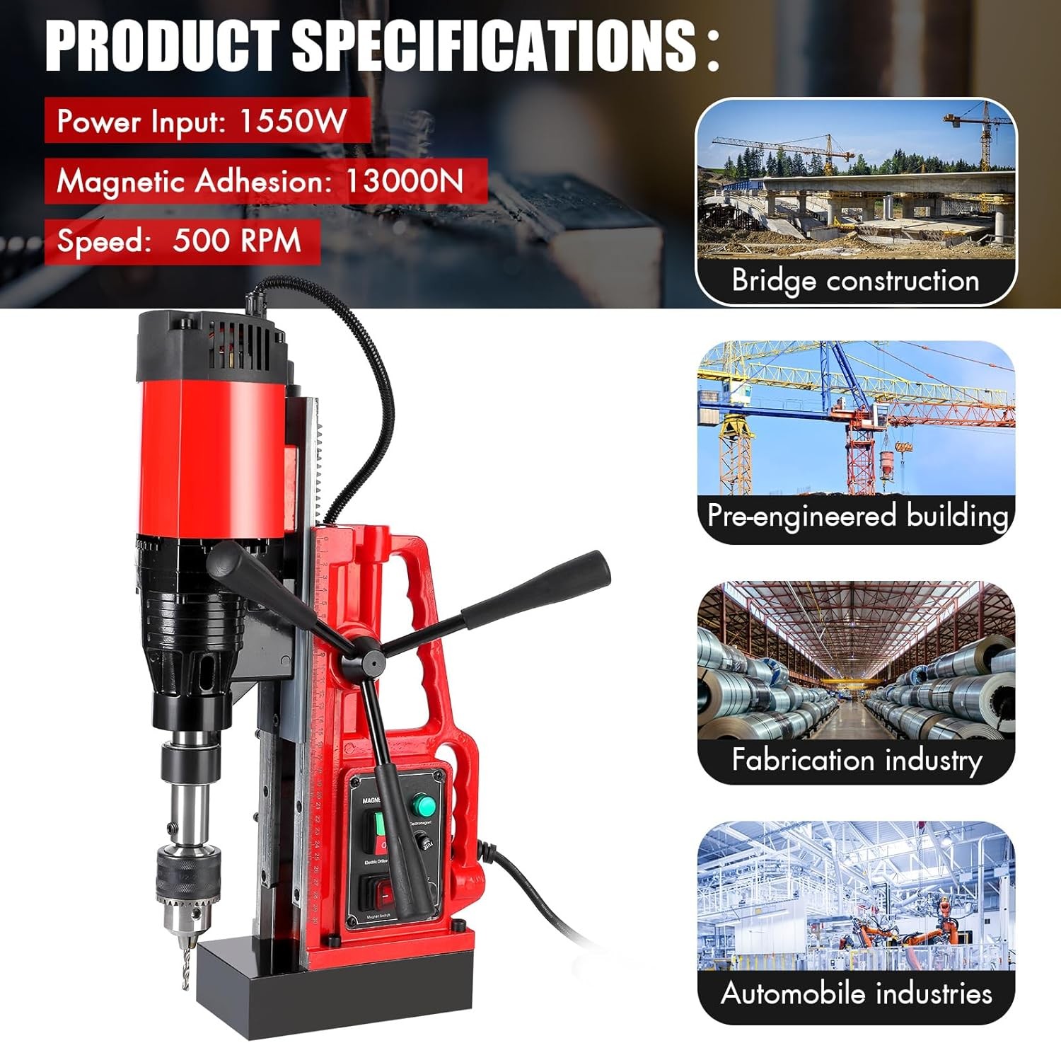 Magnetic Drill 1550W 2922 lbf Mag Drill Press 2 in Boring Diameter 0-500 RPM New