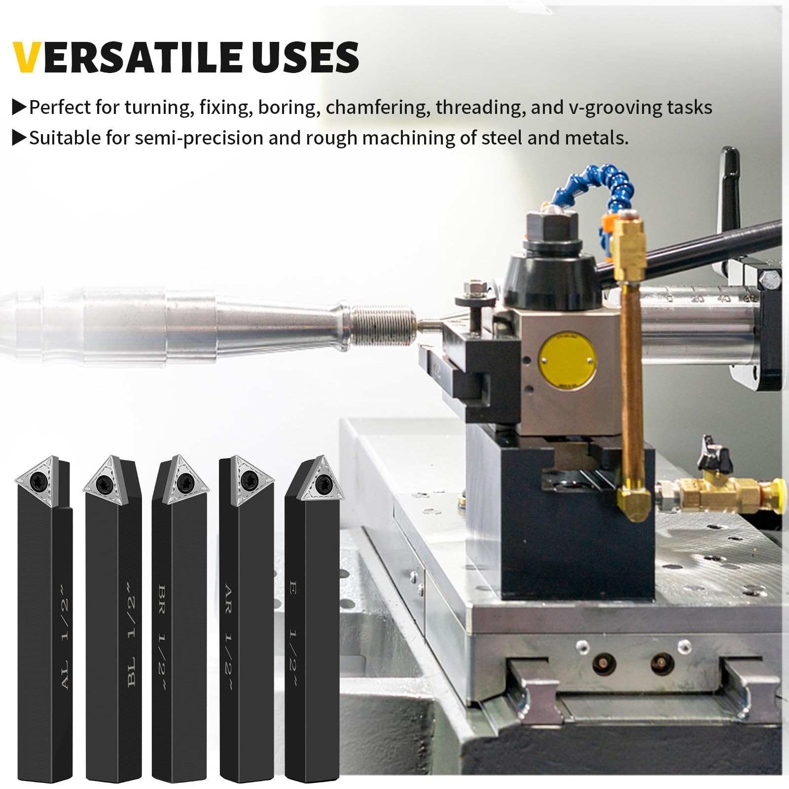 Metal Lathe Cutting Tools 1/2 Inch Carbide Bit Set Indexable Turning Kit 5 PCS