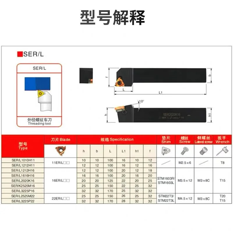 Thread Turning Tool Holder SER2525M16 SEL2020K16 10PCS Carbide Insert MMT16ER