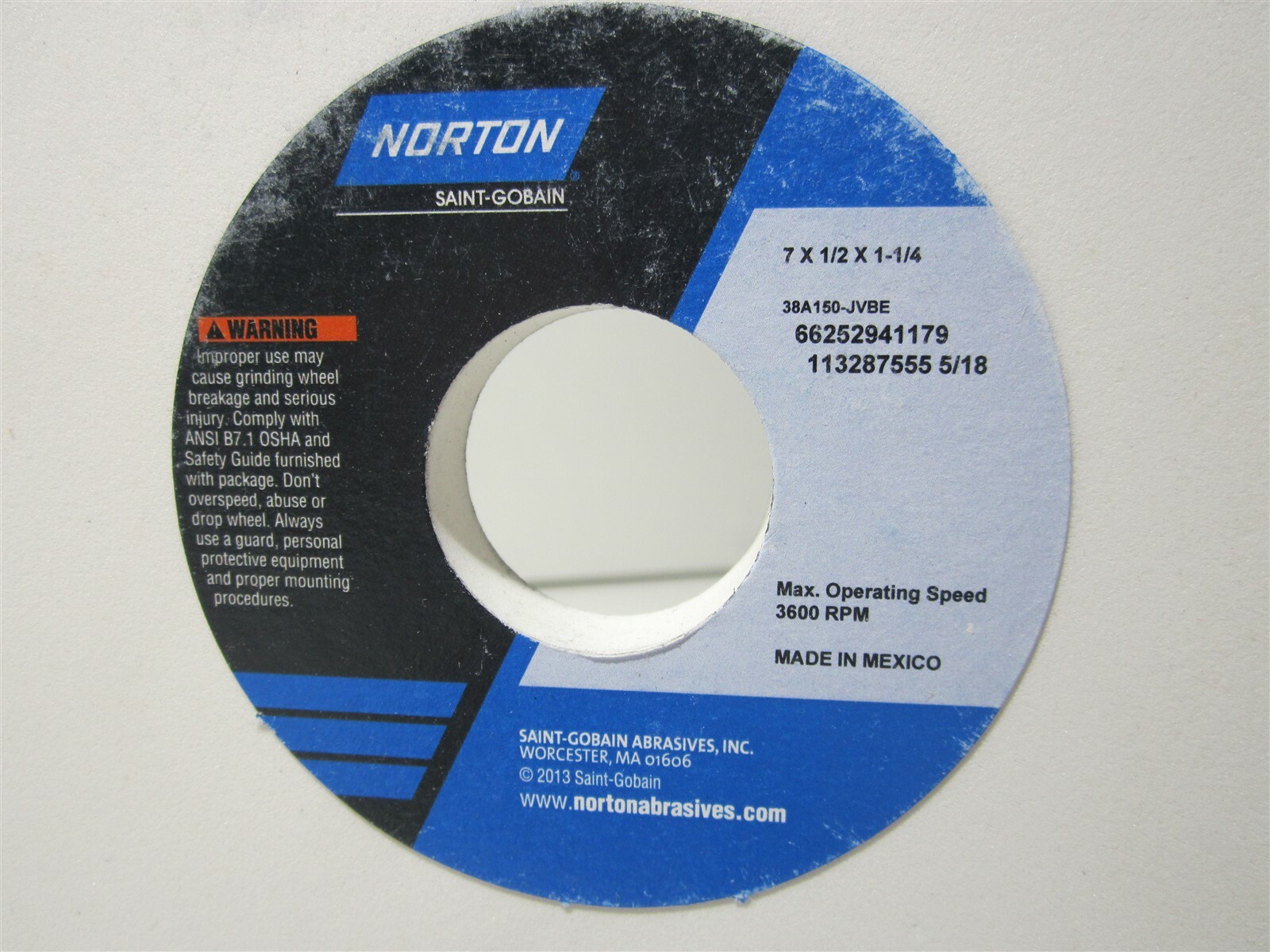 Norton 7″ Dia x 1-1/4″ Hole x 1/2″ Thick 3600RPM 150G Grinding Wheel (Lot of 3)