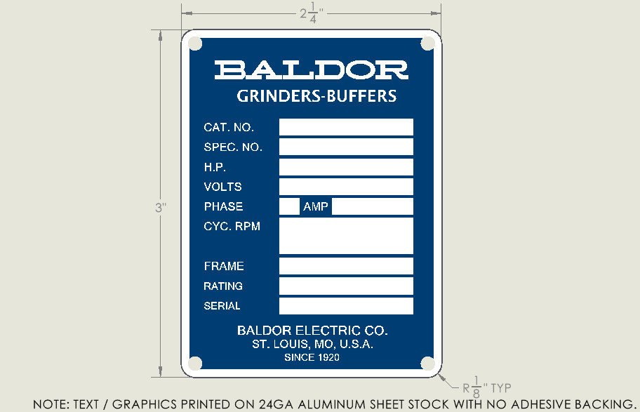 Replacement Older Baldor Bench Grinder Nameplate Blue | Sublimated | USA