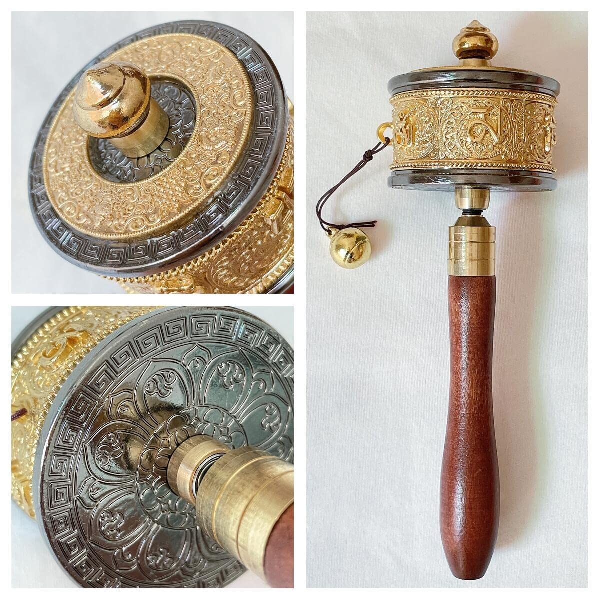Copper Hand Held Prayer Wheel with Tibetan Buddhist Six-Character Truth Premi…