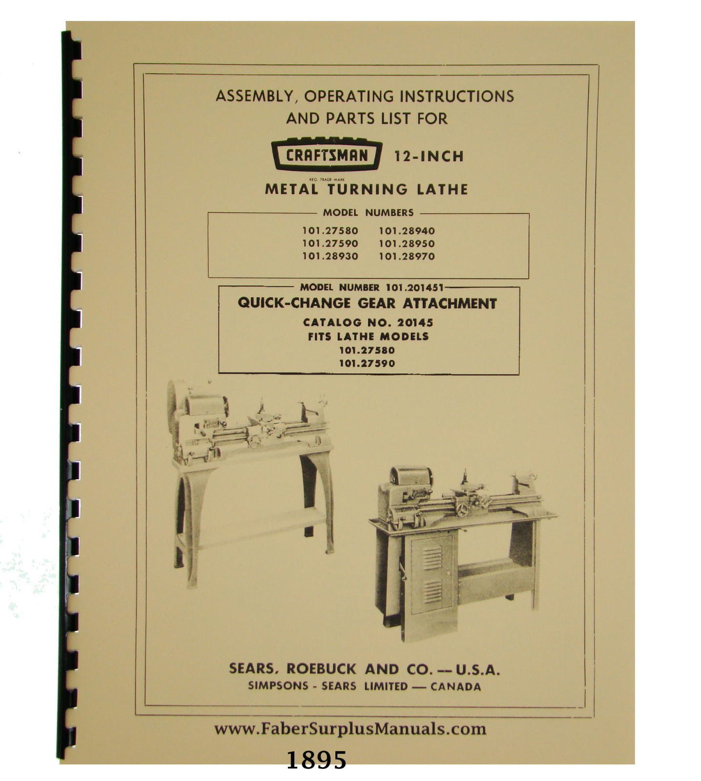 Sears Craftsman 12″ Lathe 101.27580 /90, 101.28930 /40/50/70 w/QC manual *1895
