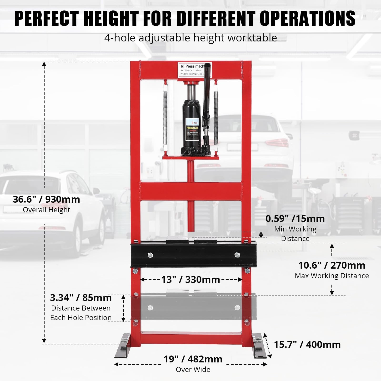 Hydraulic Press T Shop Press, Heavy Duty H Frame Garage Adjustable Red 6