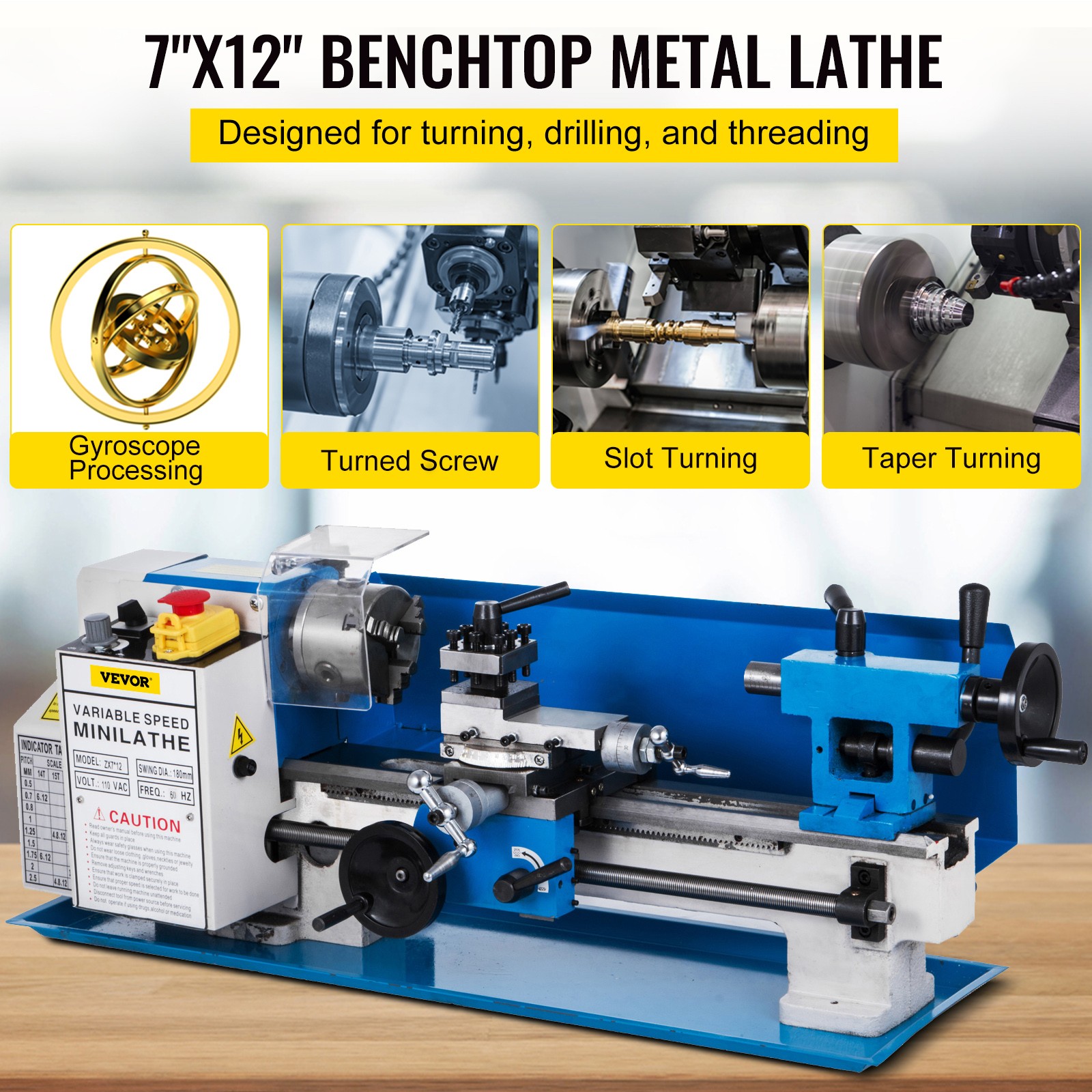 VEVOR Bench Top Mini Metal Milling Lathe 7×12 Variable Speed 0-2250 RPM w/ Lamp