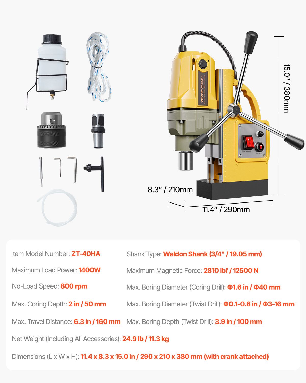 VEVOR Magnetic Drill 1400W 2810 lbf Mag Drill Press 1.6 in Boring Diameter