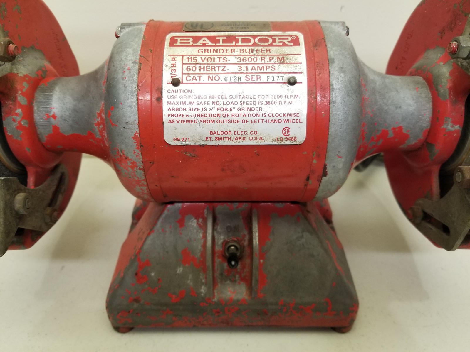 BALDOR 6” GRINDER / BUFFER #612R – 1/3 HP – 3600 RPM – 115 VOLTS – RUNS GREAT!