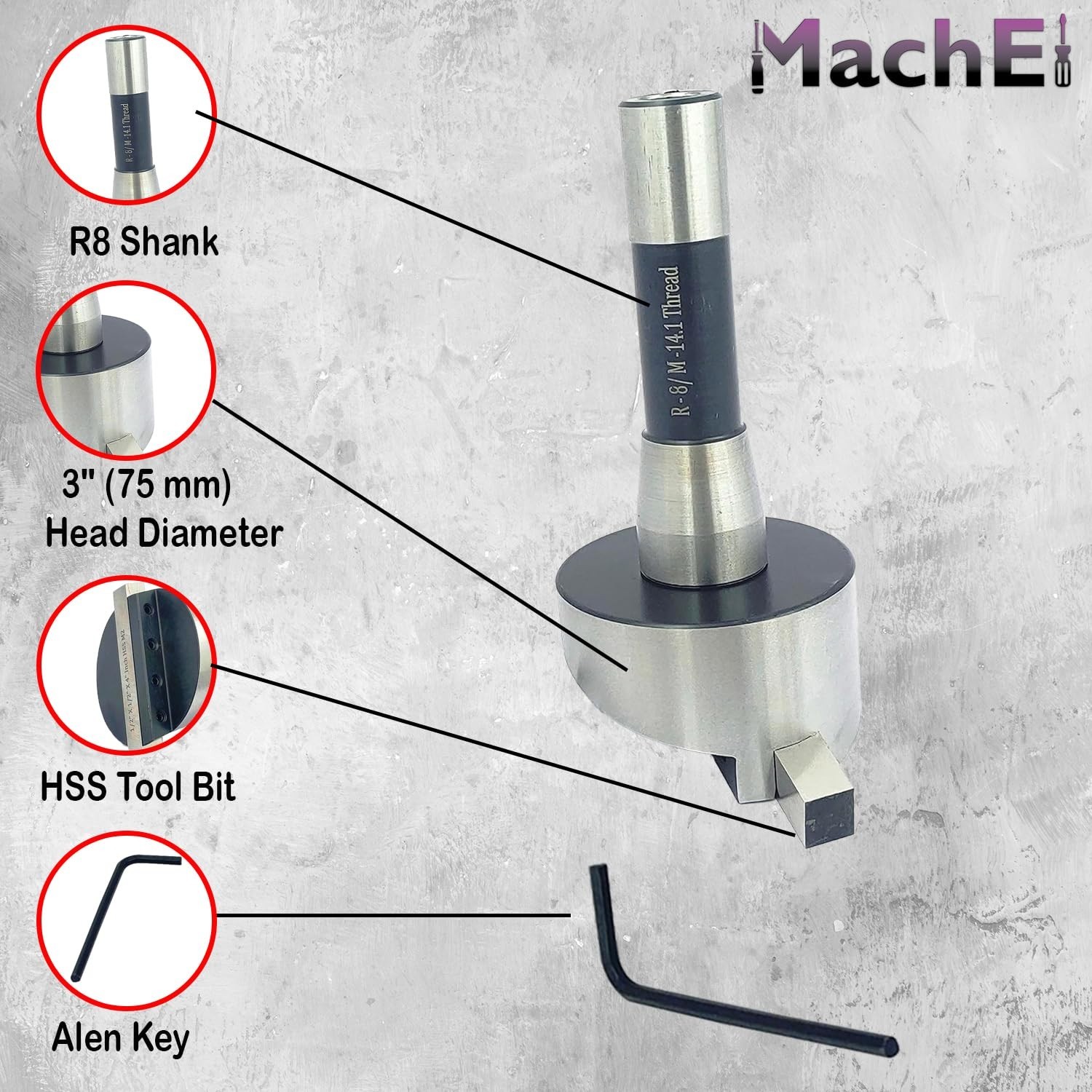 MachEl 3″ Fly Cutter R8 Shank w/ HSS Tool Bit 75mm.