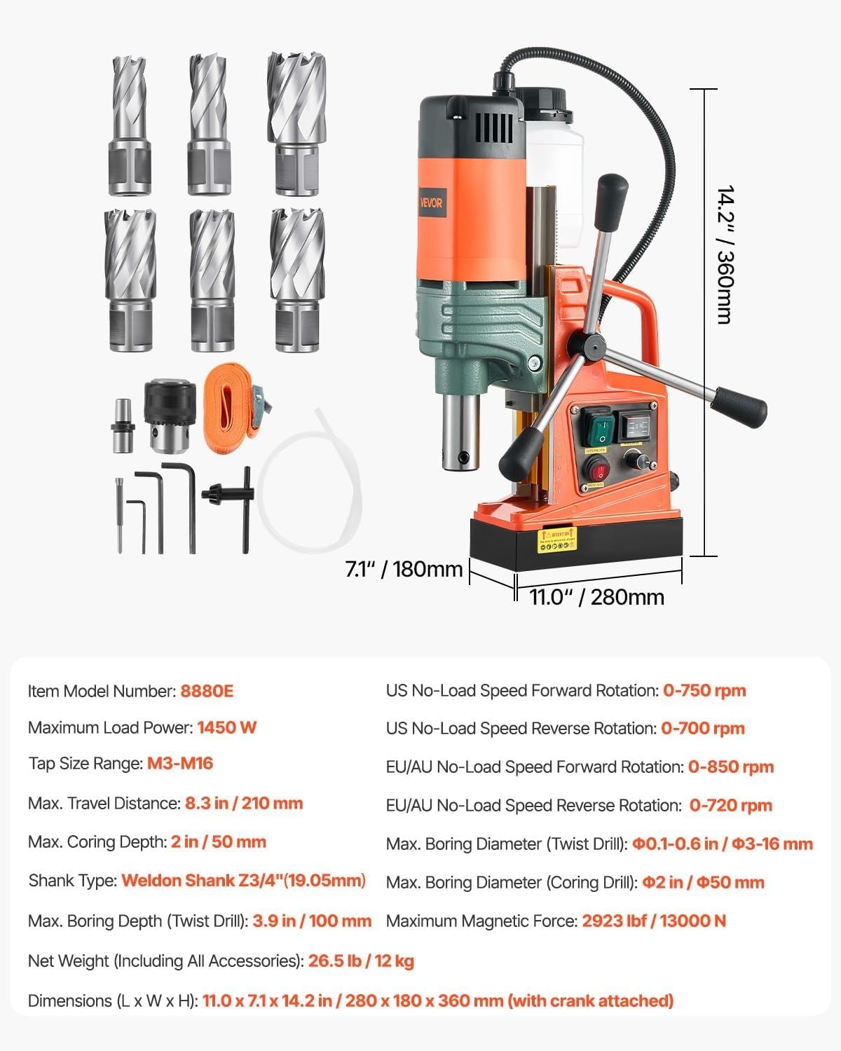 2922 lbf Magnetic Drill – Variable Speed 2″ Core Drilling Machine with 6 Cutters