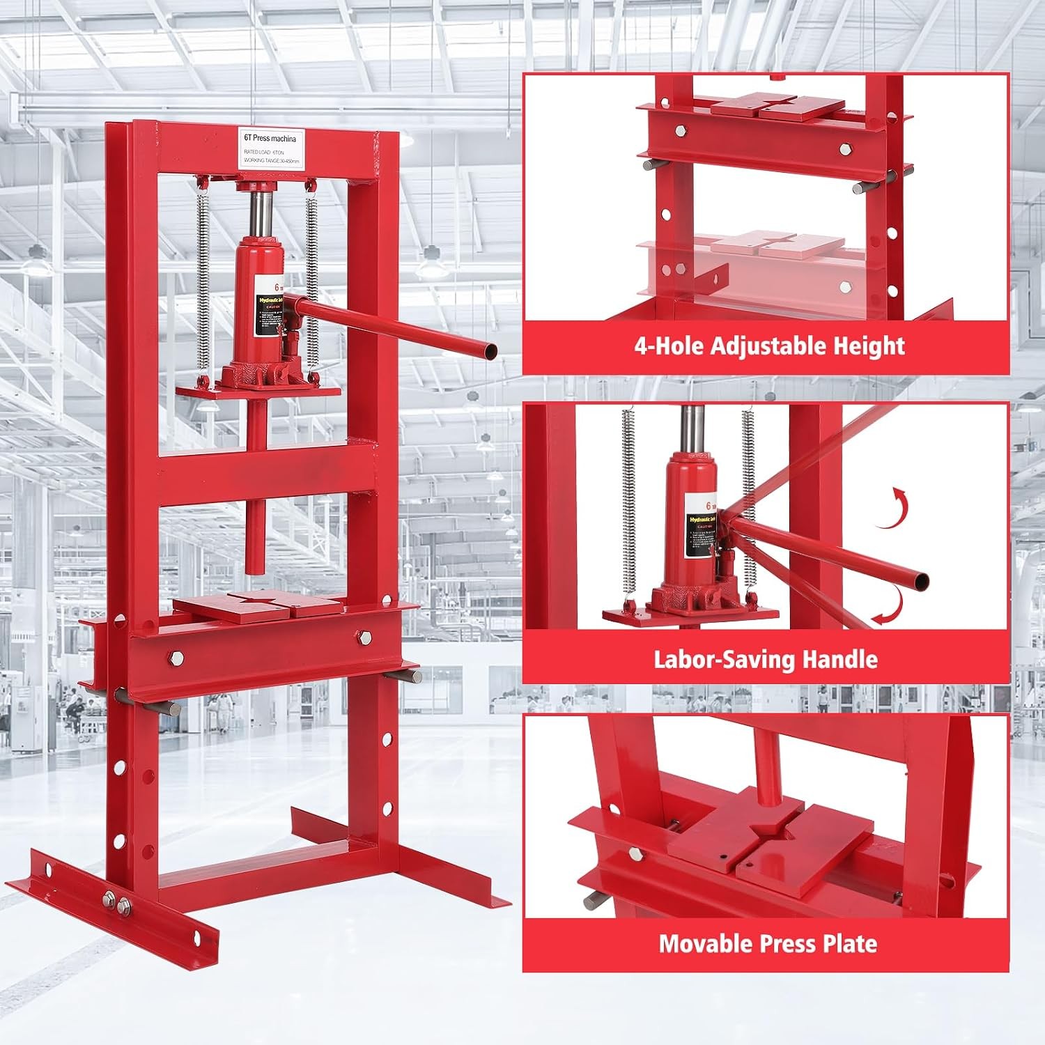 6T Hydraulic Shop Press H-Frame Floor Shop Press,Red hydraulic press w/2 plates