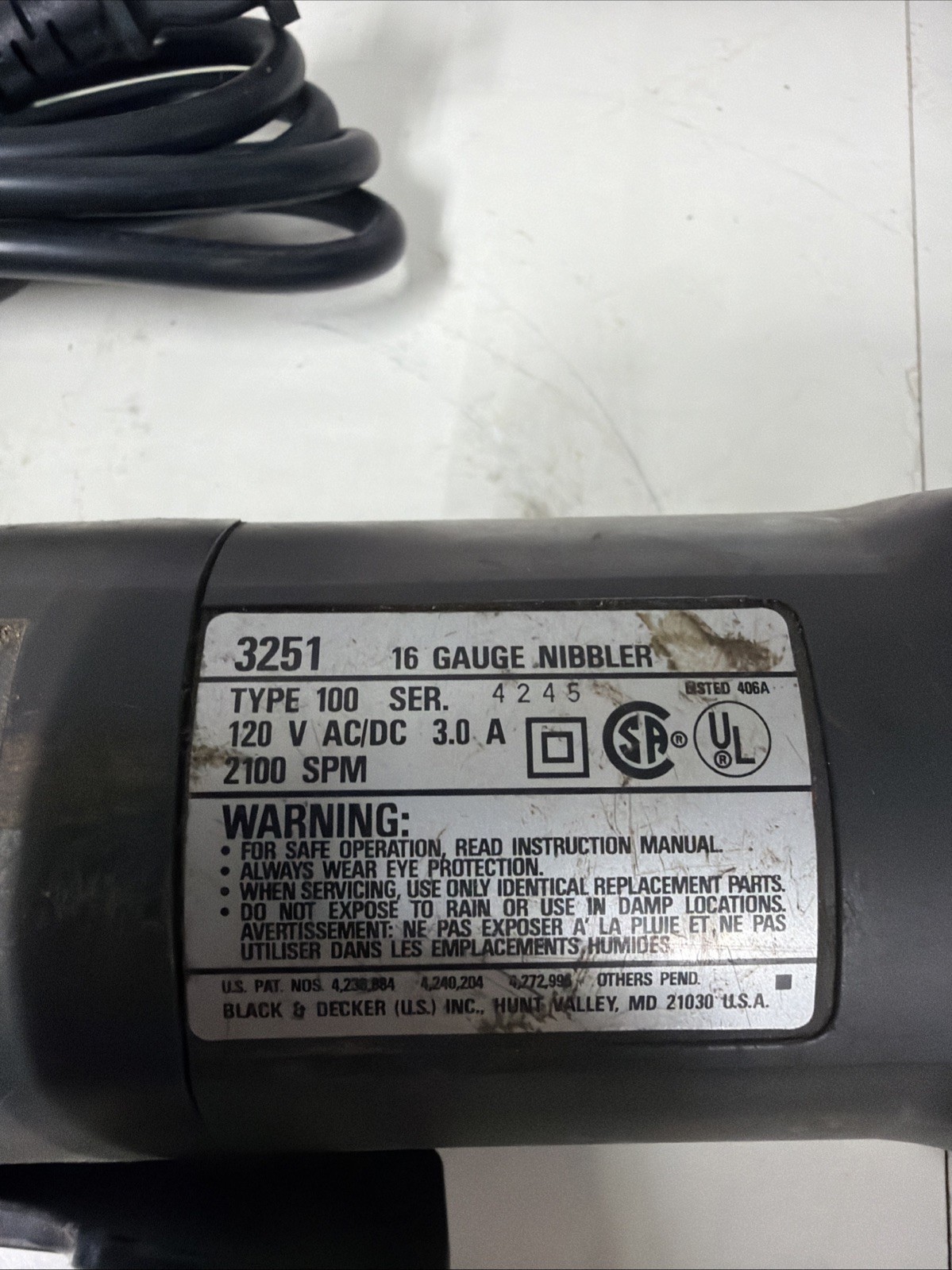Black & Decker 3251, l Nibbler 115v 3.0A Heavy Duty