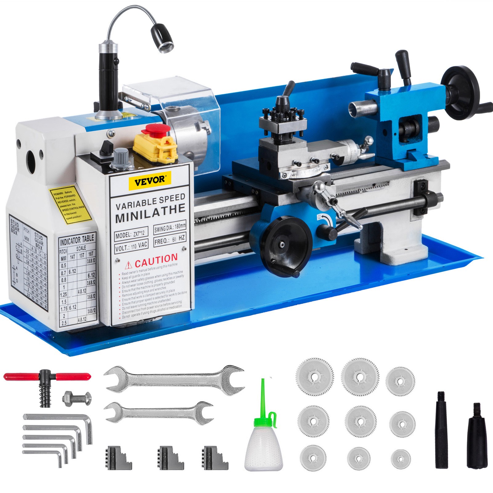 Bench Top Mini Metal Milling Lathe 7×12 Variable Speed 0-2250 RPM w/ Lamp