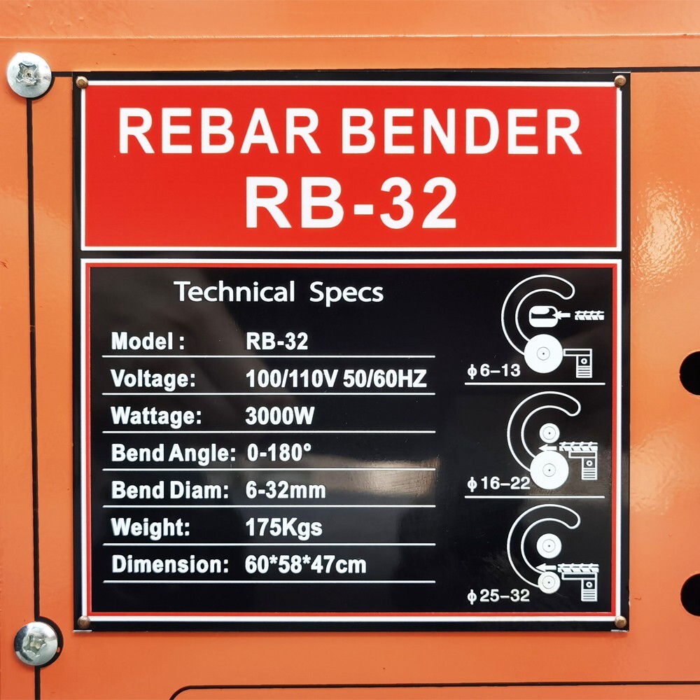RB-32 Electric Rebar Bender Bending Machine 0-180° Bench Steel Rod Bender 110V