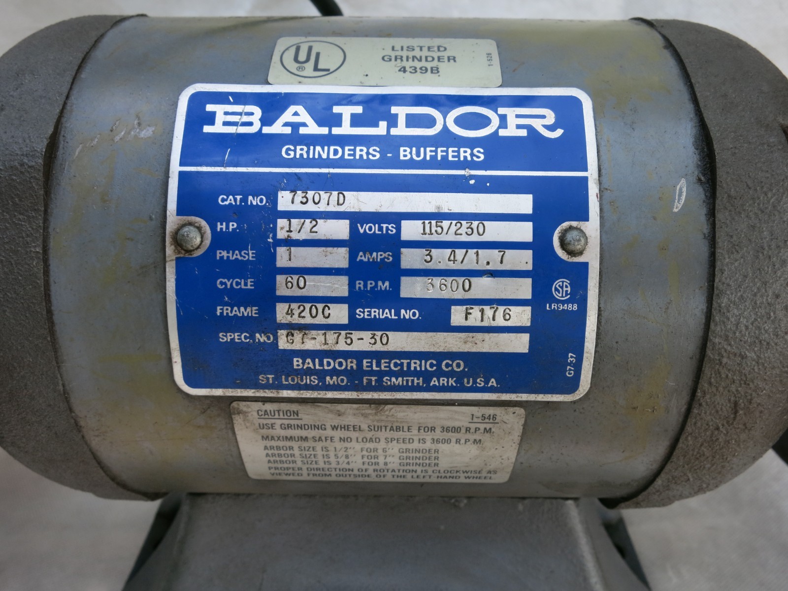 Vintage Baldor 7307 7” Bench Grinder 1/2 HP 115/230V Single Phase USA