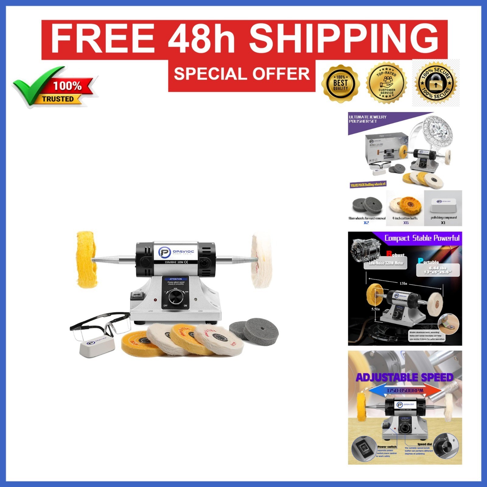 OPAVIOC Jewelry Polisher Adjustable Speed Bench Grinder Buffing Machine