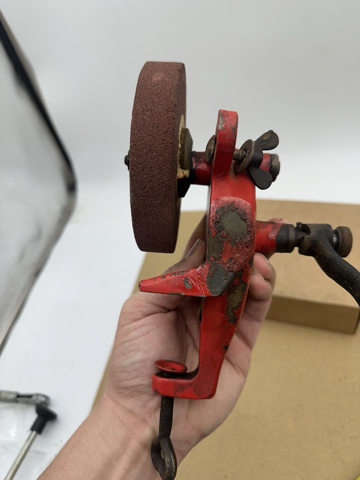 Vintage Antique Hand-Crank Bench Grinder 4-3/4” Diameter Grinding Wheel
