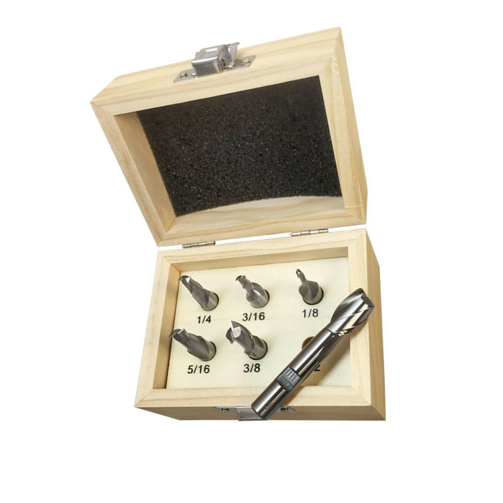 1/8-1/2” HSS 2 Flute End Mill Set 6PC High Speed Steel Center Cut 3/8 Shank