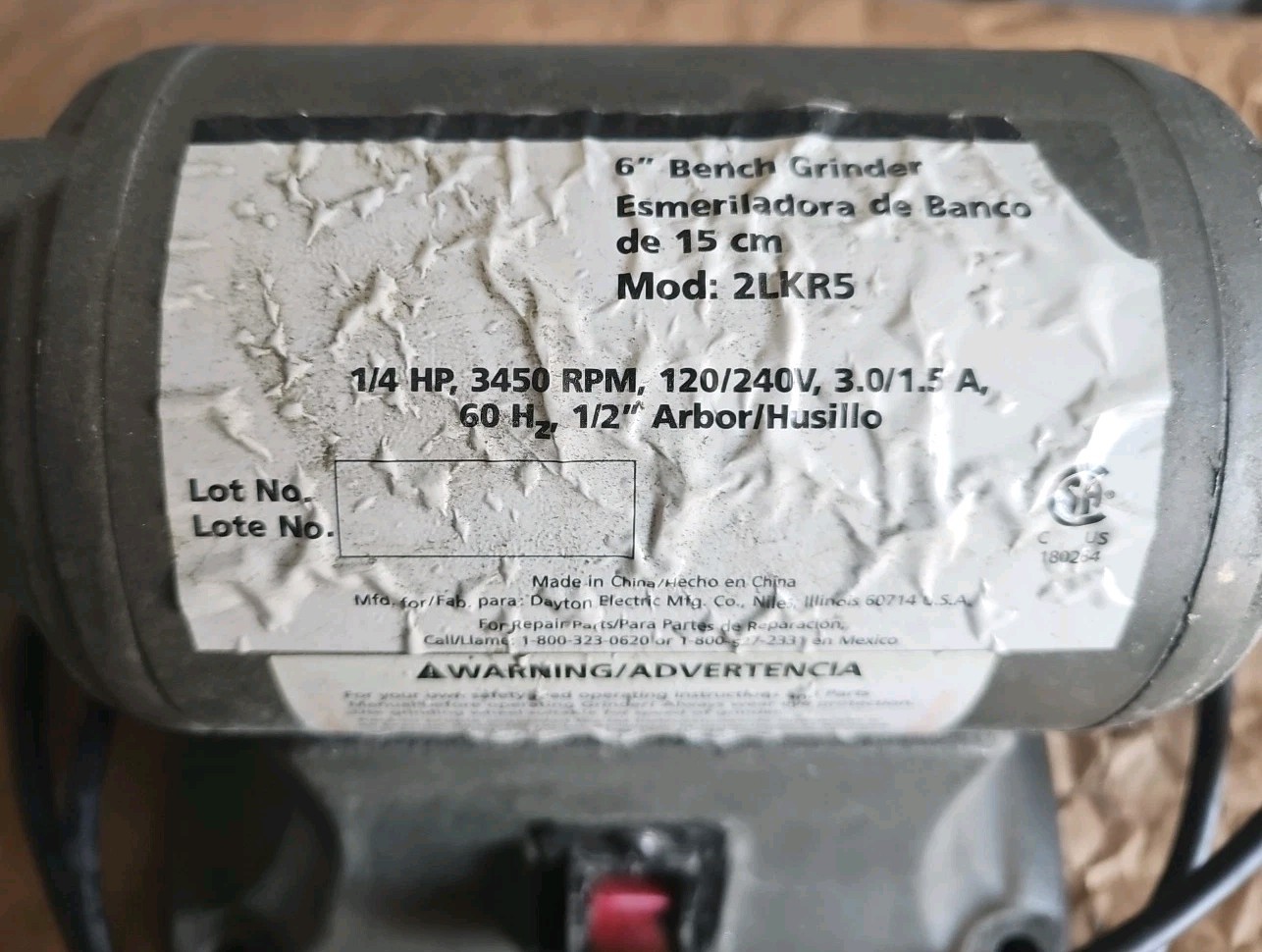 Dayton 6″ Grinder Model:2LKR5 1/4 HP, 3450 RPM, 120/240 v