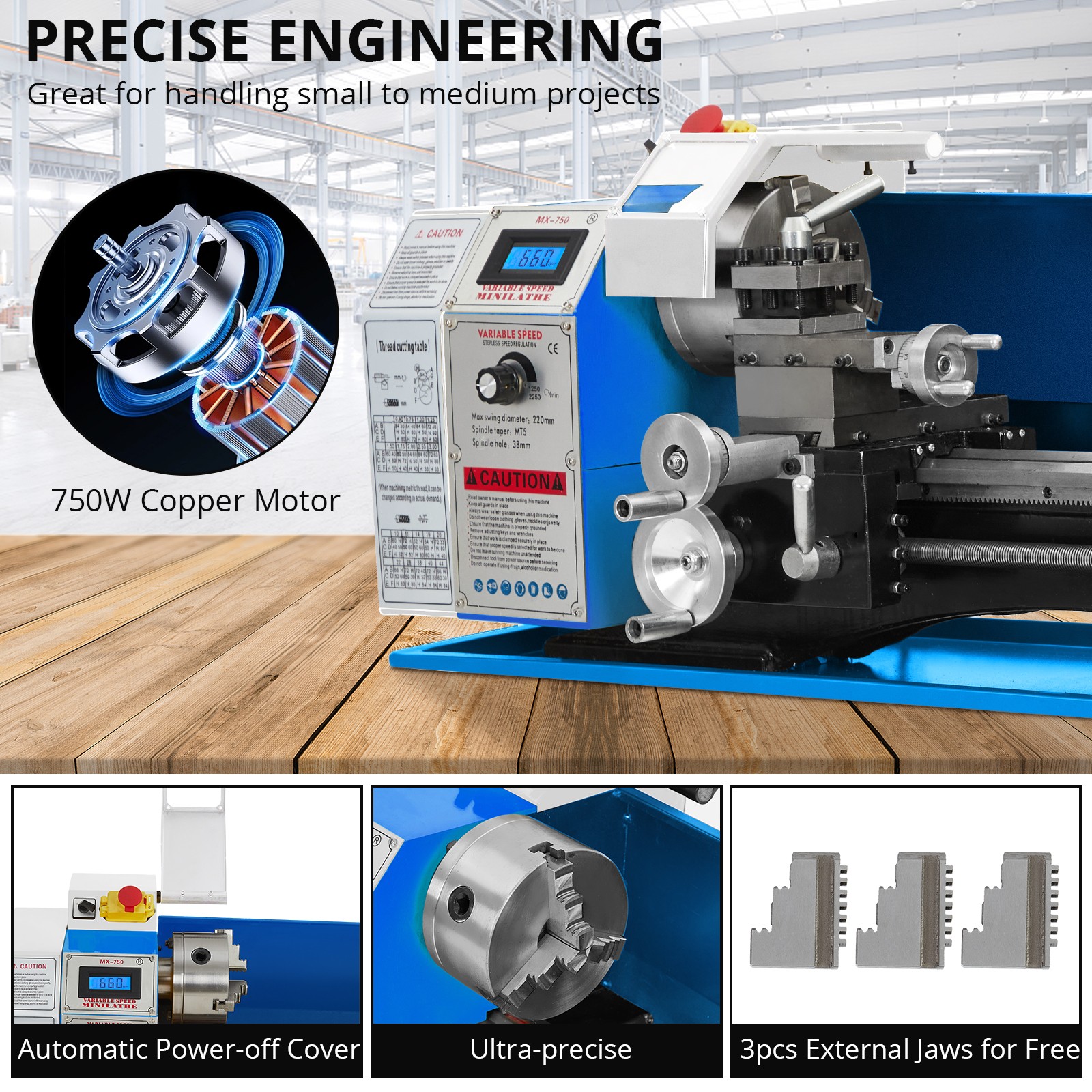 Garvee 8×30″ Metal Lathe Bench 750W Variable Speed 0-2500RPM 3-Jaw Chuck Turning