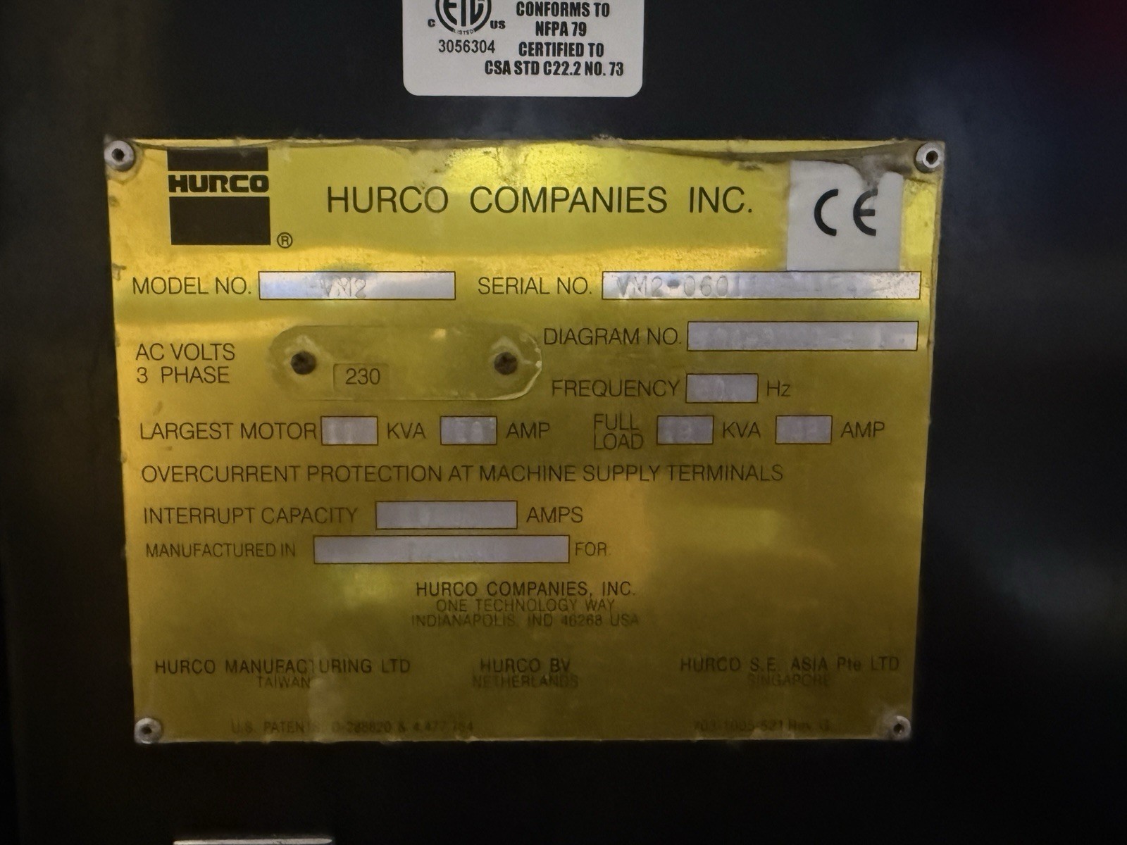 Hurco VM2 CNC Vertical Machining Center CAT40 230V 15hp MAX Control 2004