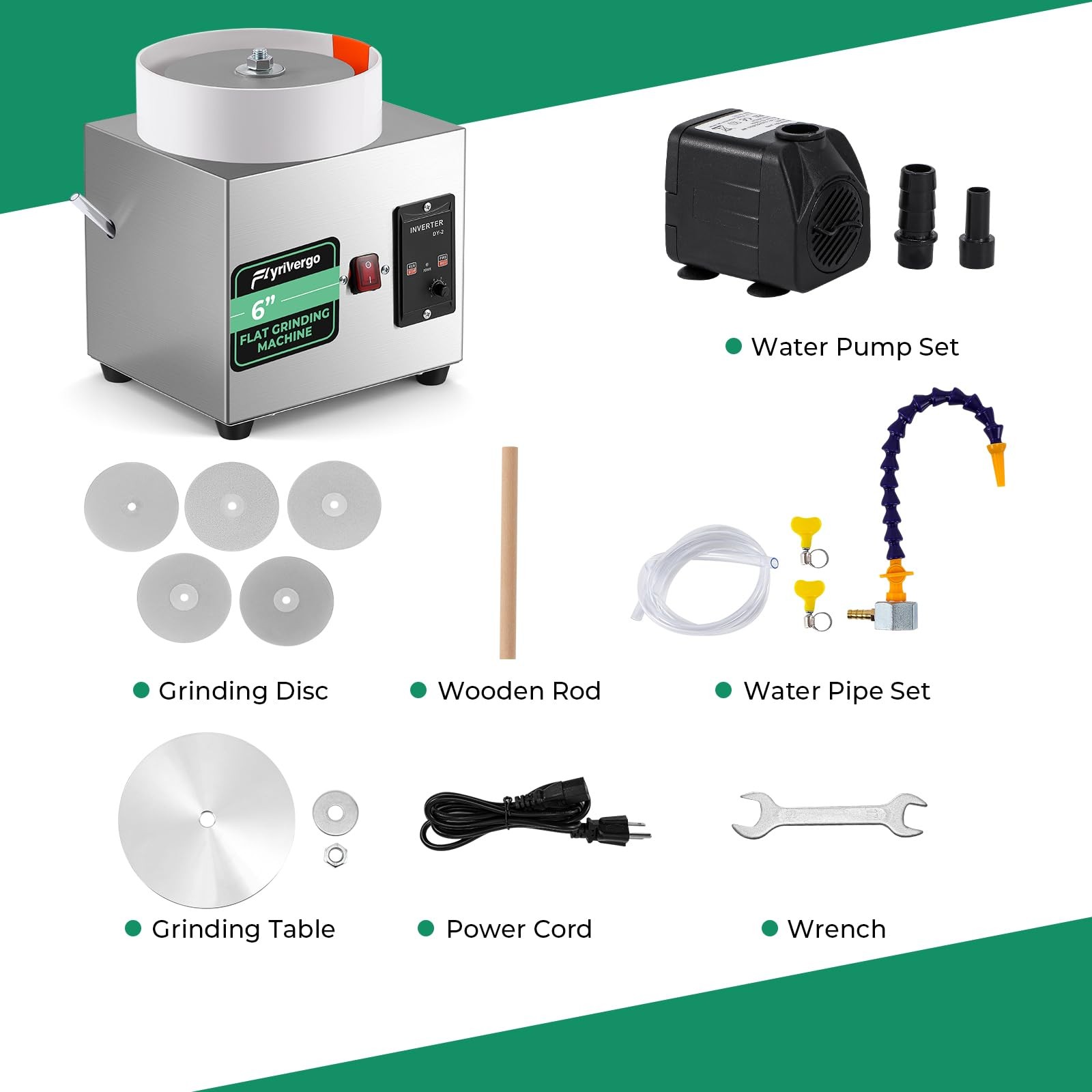 Flyrivergo 6” Flat Lapidary Machine Variable Speed Silver, Green