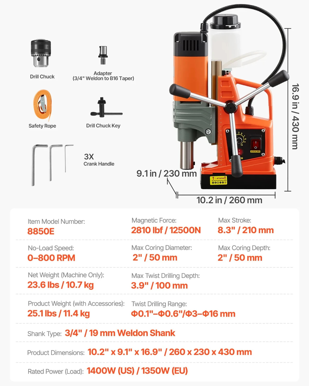 Magnetic Drill Press 1400W, 2 inch Boring Diameter 0-800 RPM, 2810 lbf/ 12500N