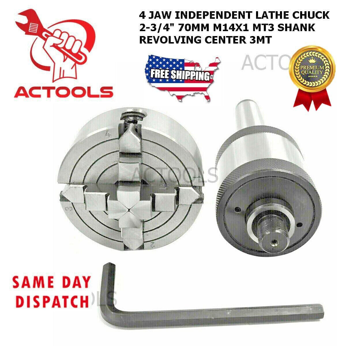 4 Jaw Inependent Lathe Chuck 2-3/4″ 70mm M14X1 MT2 Shank Revolving Center 2MT