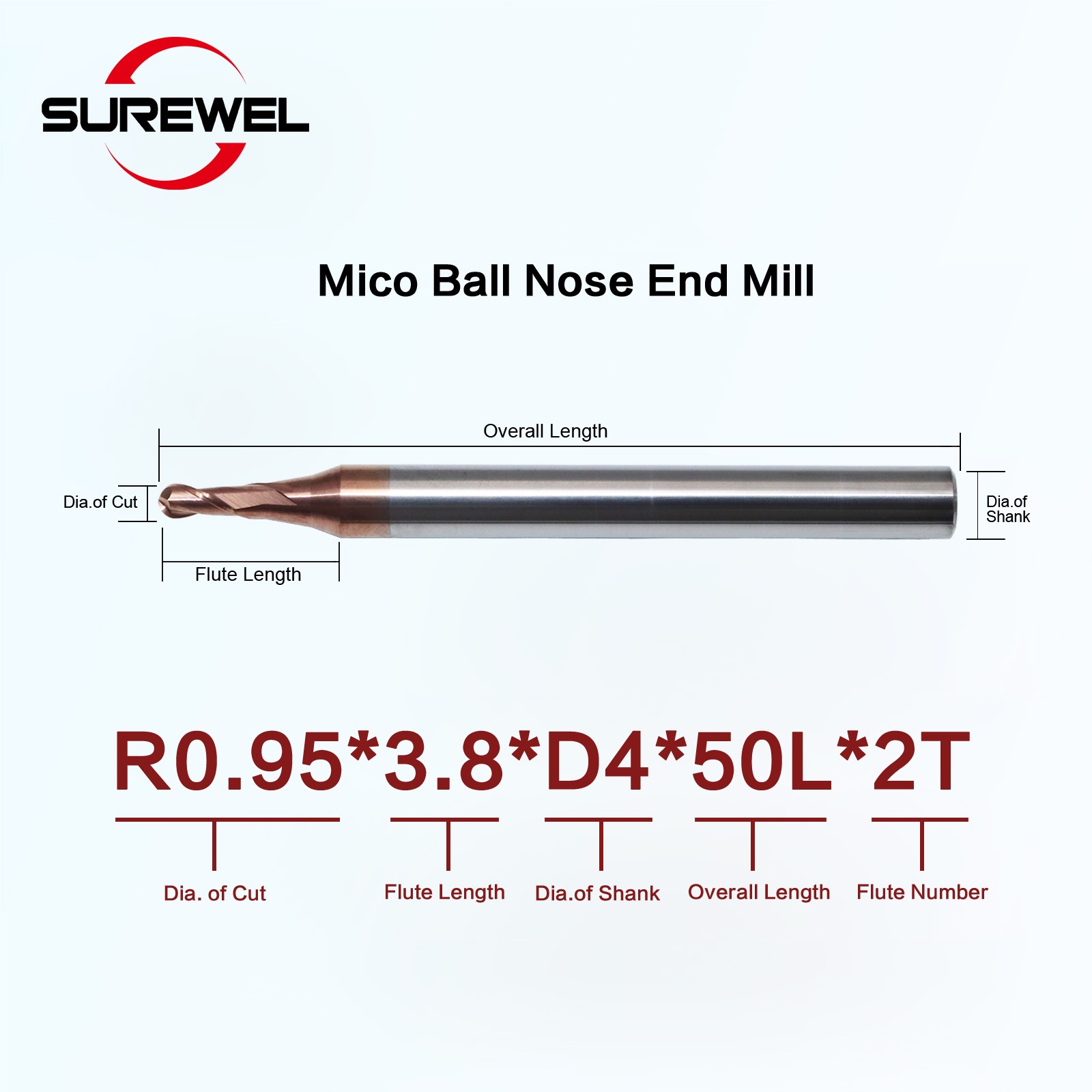 1PCS Solid Carbide Micro Ball End Mill R0.15-R0.95 CNC Engraving HRC60 Coated