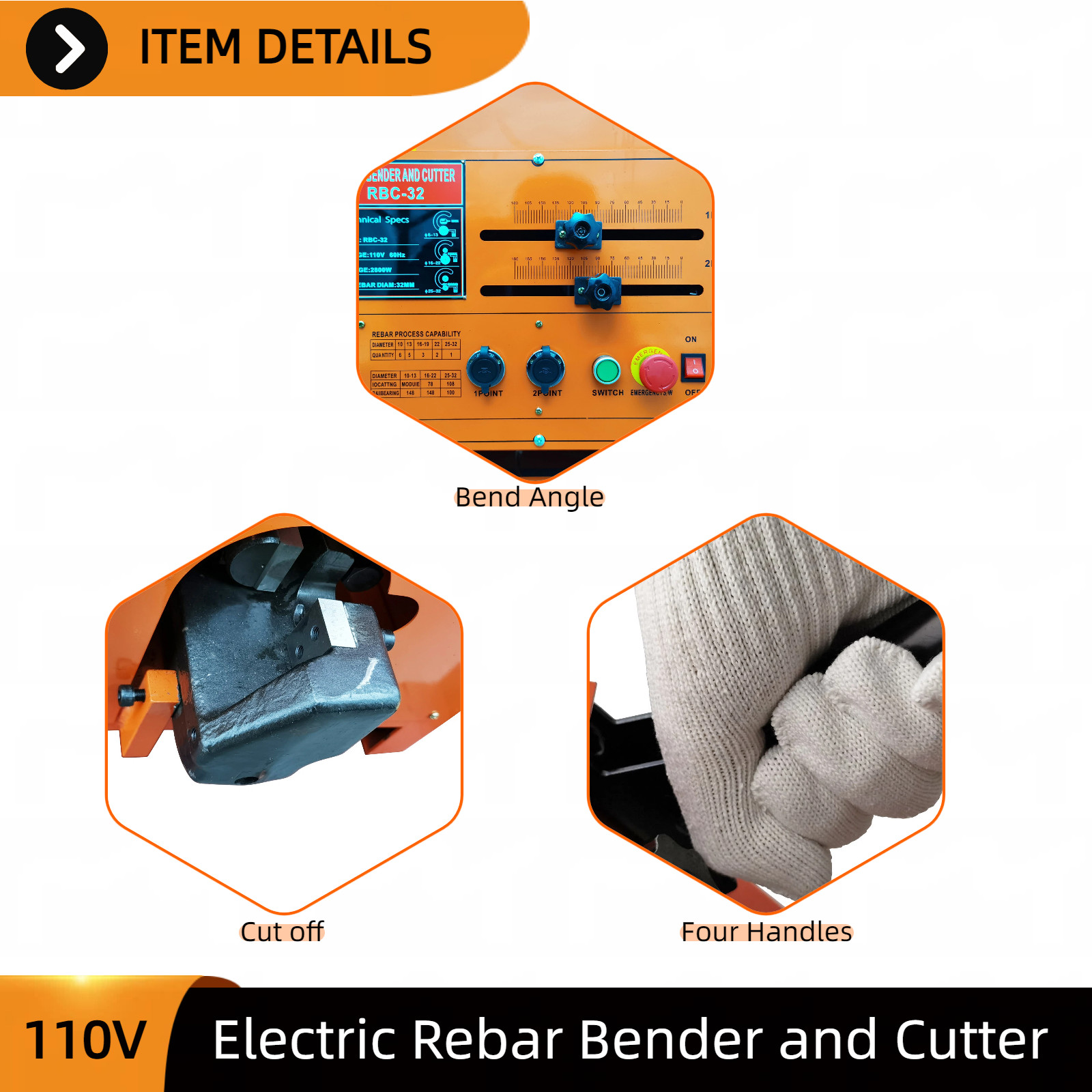 Electric Rebar Bender Cutter Machine 110V 6-32mm 0-180° for Steel Bar Processing