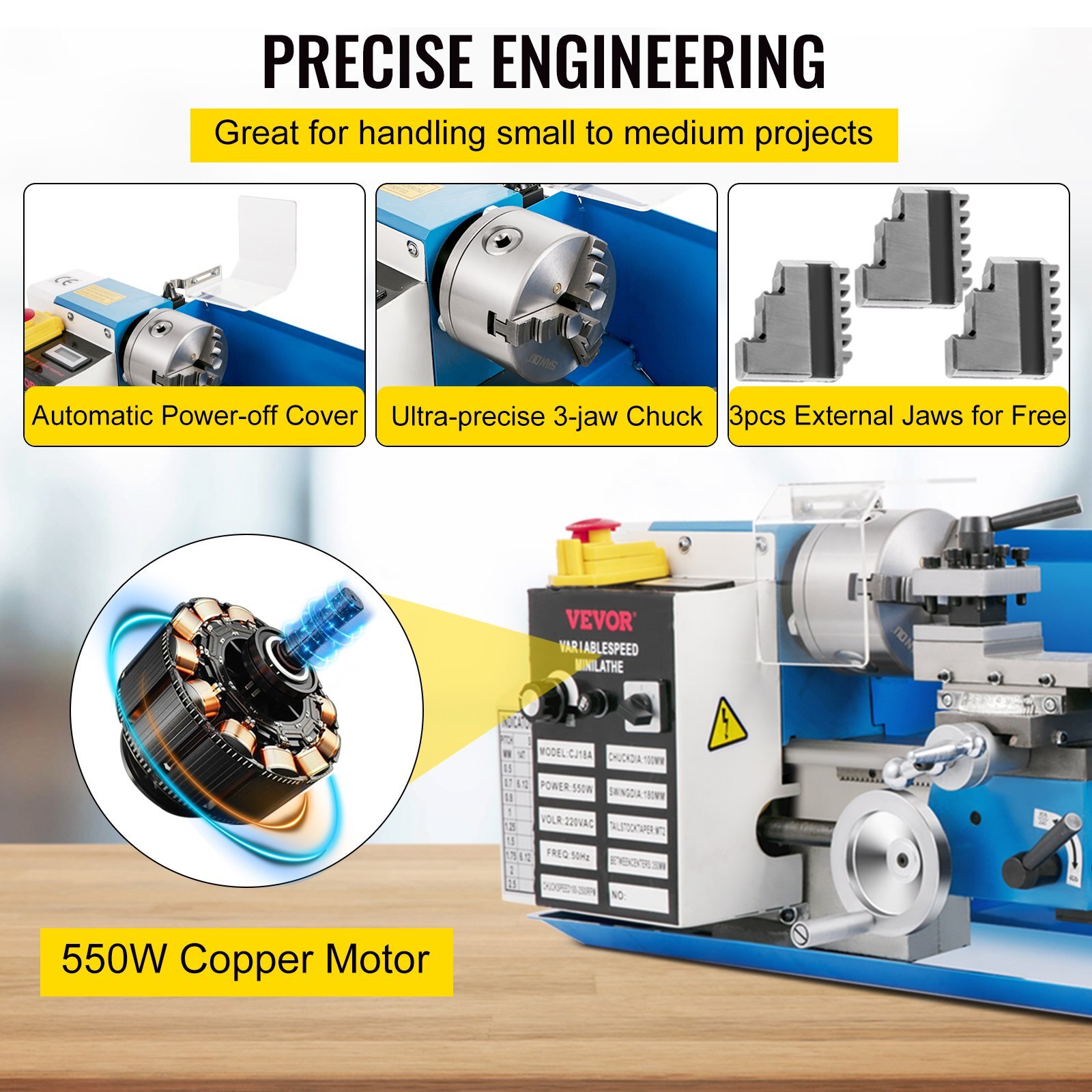 SIHAO 7×14″ Benchtop Metal Lathe – 550W, 2500RPM Precision Metalworking Machine