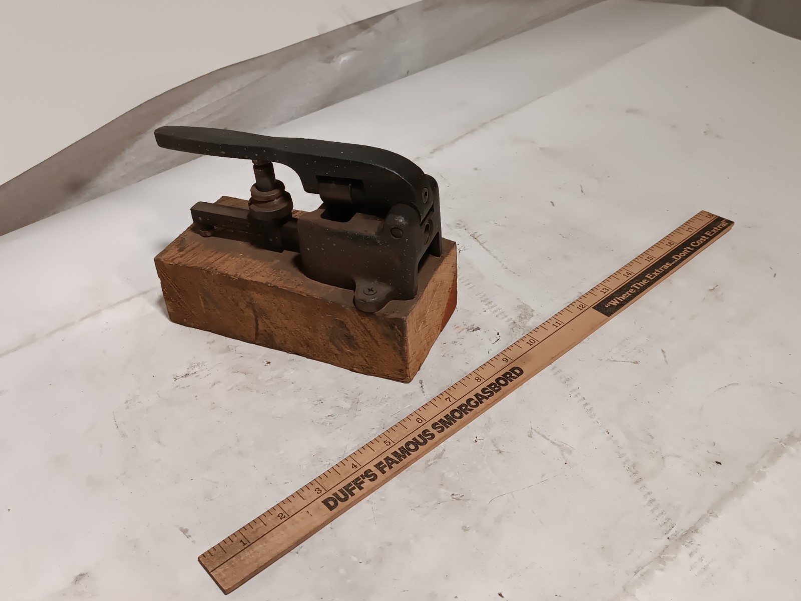 Unbranded Manual Toggle Arbor/Staking Press on a Wooden Base, Vintage Bench Tool