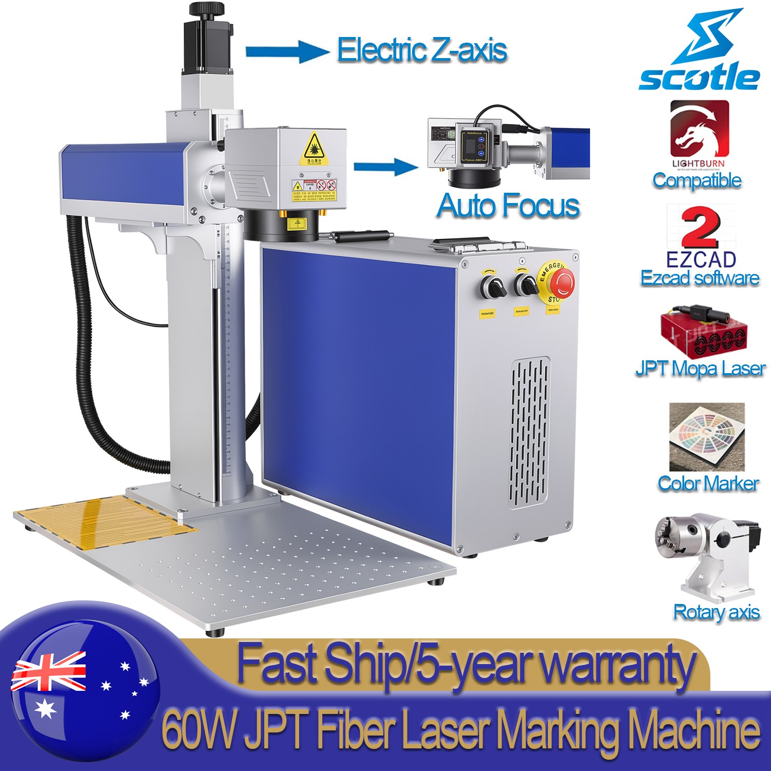 60W Auto Focus JPT MOPA Fiber Laser Marking Engraving Machine Engraver Marker AU