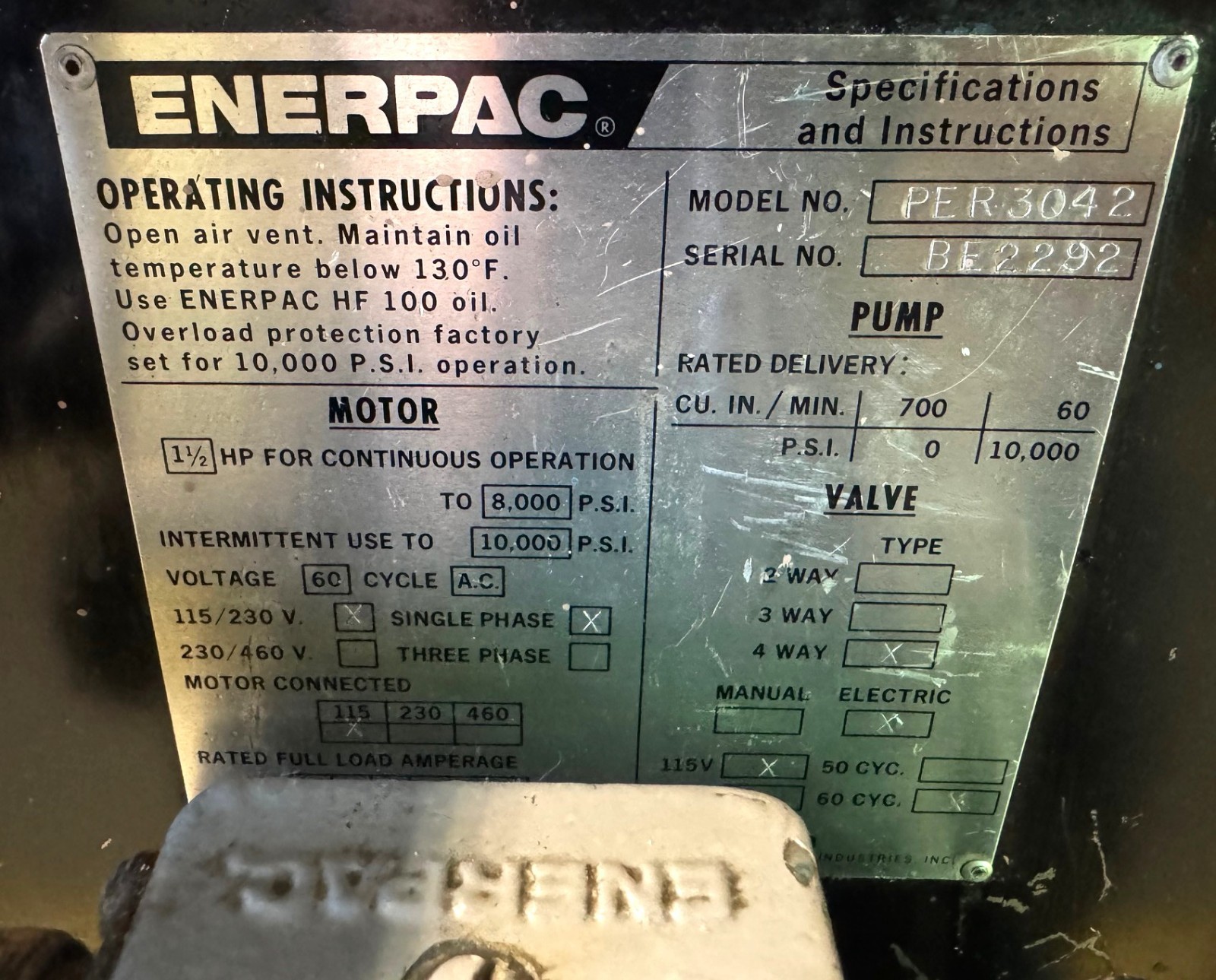 50 Ton Enerpac H-Frame Hydraulic Press, 28″ B.H., Adj. Bed, 1.5 HP, 1 Phase