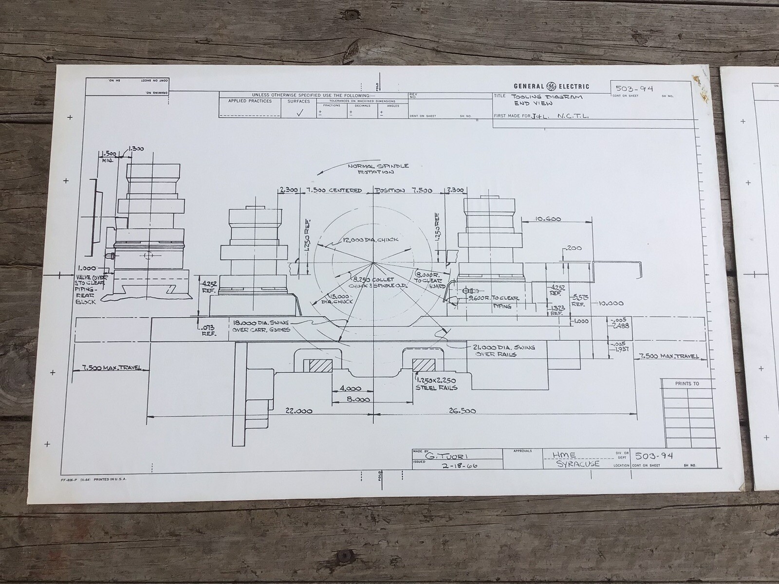 GE Engineering Drawings 1966, 22”x34”, Lathe Square Turret Lathe Tooling, Poster