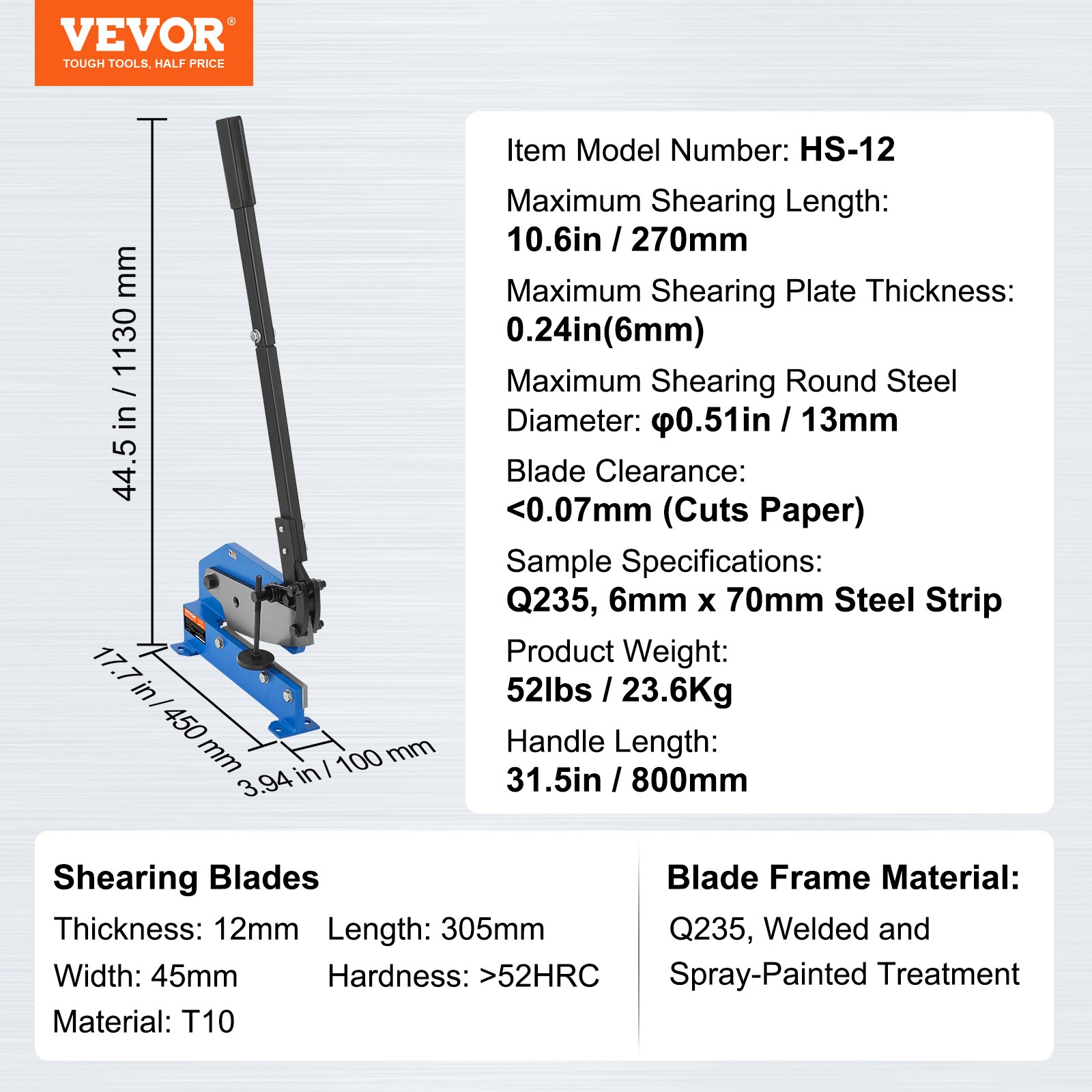 VEVOR 12″ Manual Hand Plate Shear Benchtop Cutter Metal Sheet Processing Q235